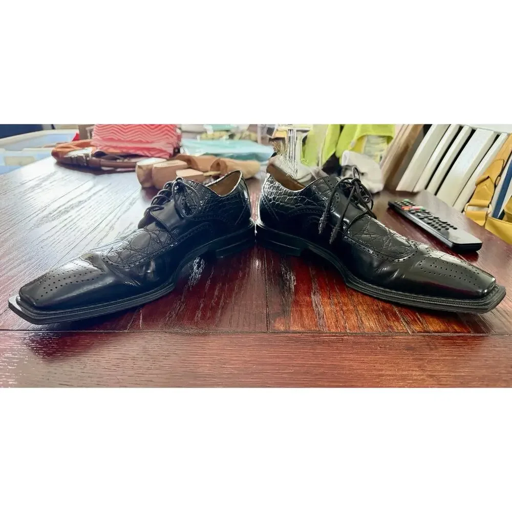 Mezlan Genuine Crocodile Leather Black Wingtip Square Toe Dress Shoes
